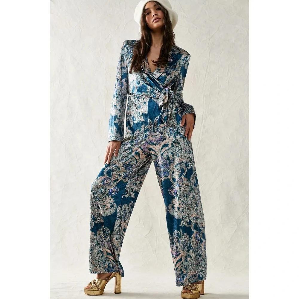 Free People Delphine Velvet Wrap Printed Jumpsuit